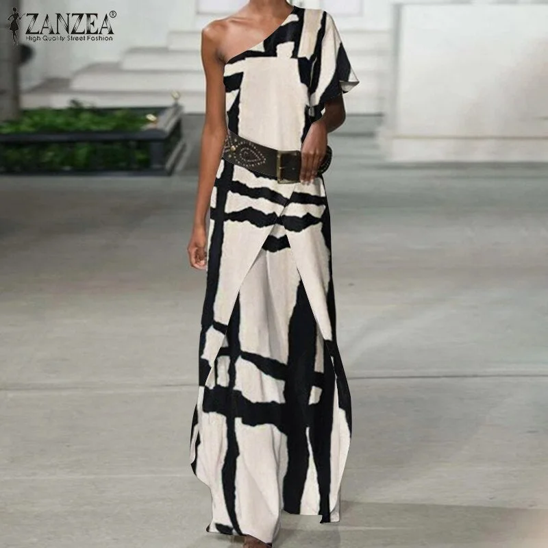 Feminino Fashion Sexy One Shoulder Sleeve Playsuits Asymmetrical Ruffles Solid Women Jumpsuits ZANZEA Overalls