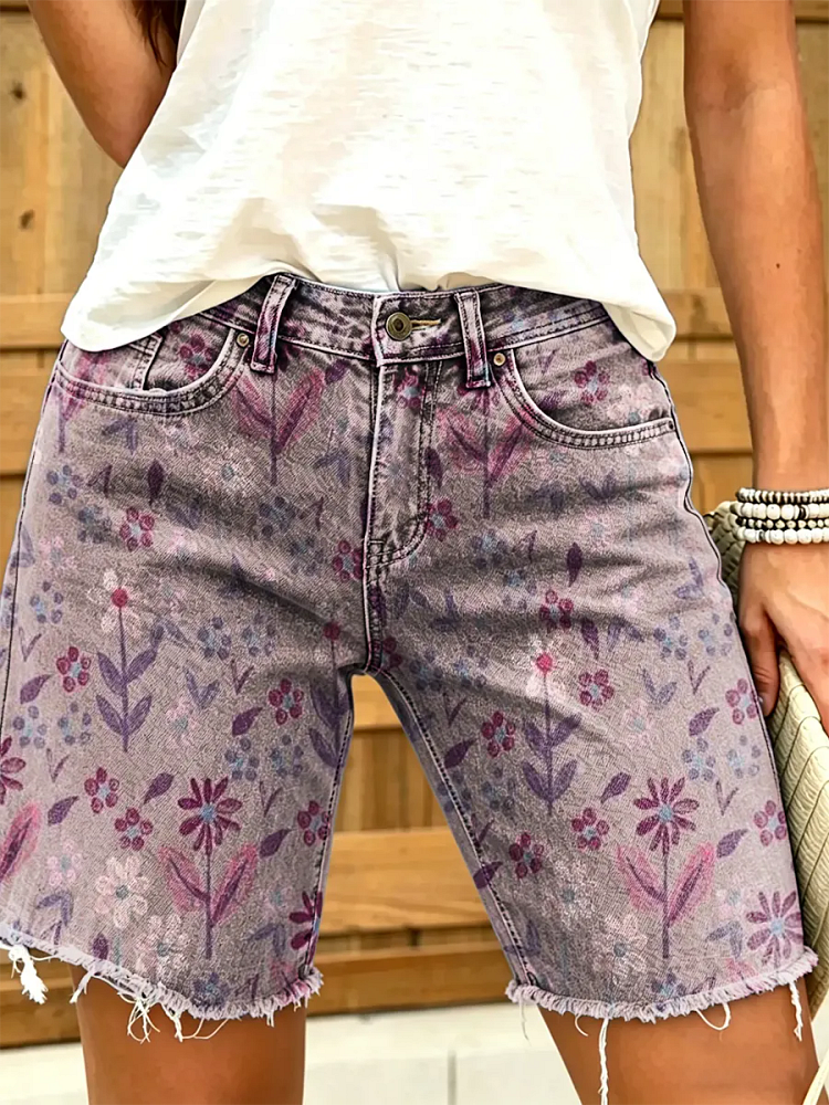 Women's Ditsy Floral Print Frayed Hem Denim Bermuda Shorts