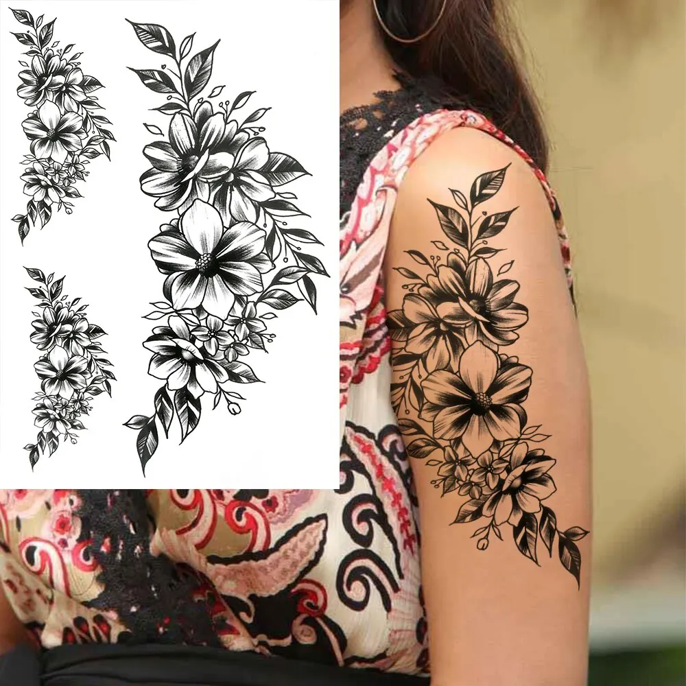 3D Flower Triangle Temporary Tattoos For Women Girl Fake Wolf Deer Geometry Tattoo Sticker Peony Dahlia Body Art Adults Tatoos