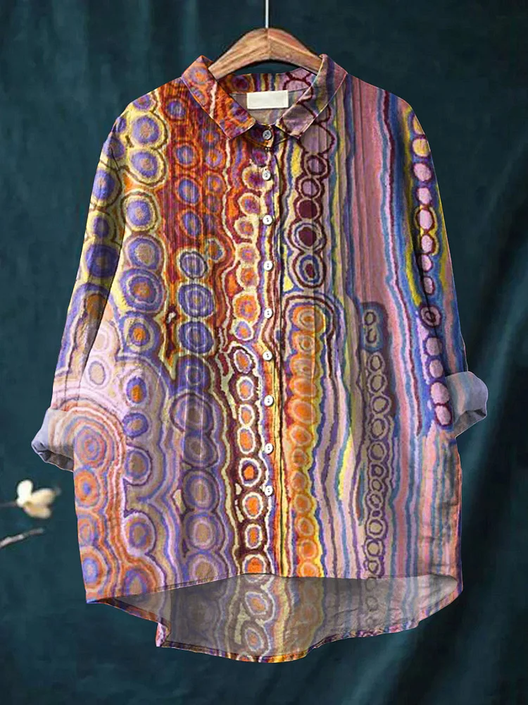 Women's Vintage Pattern Art Print Casual Cotton And Linen Ruffle Shirt