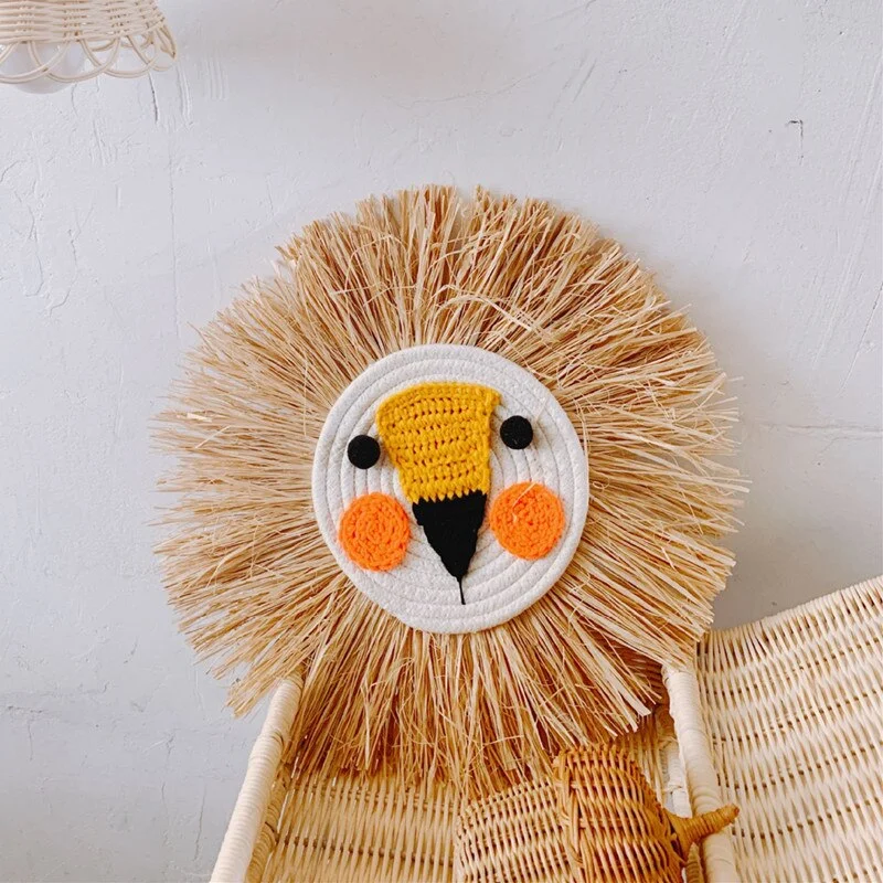 INS Noridc Hand Woven Straw Lion Tiger Wall Hanging Decor Cartoon Animal Ornaments For Baby Bed Kids Room Decoration Photo Props