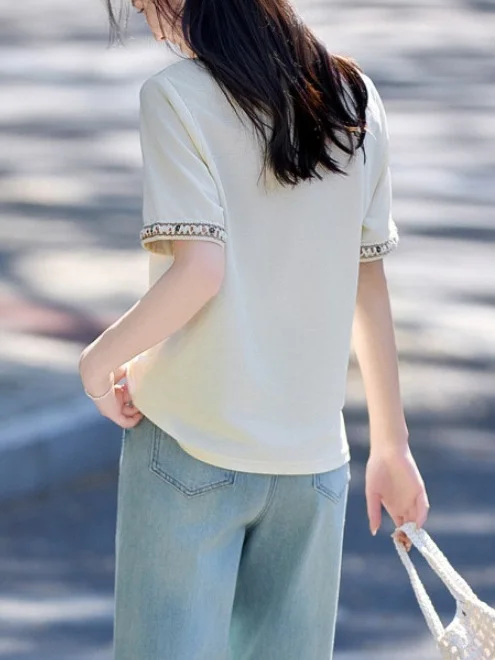 Athvotar Athvotar Cream-Colored Top 25 Years Of Summer New Commute Fashion Design Lace Splicing Loose T-Shirt Girl