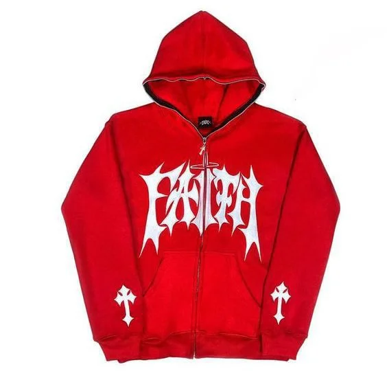 Cross Faith Letter Print Full Zip Up Hoodie at Hiphopee