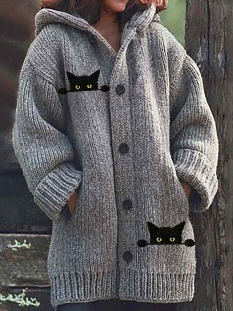 Women's Casual Funny Black Cat Print Hood Sweater