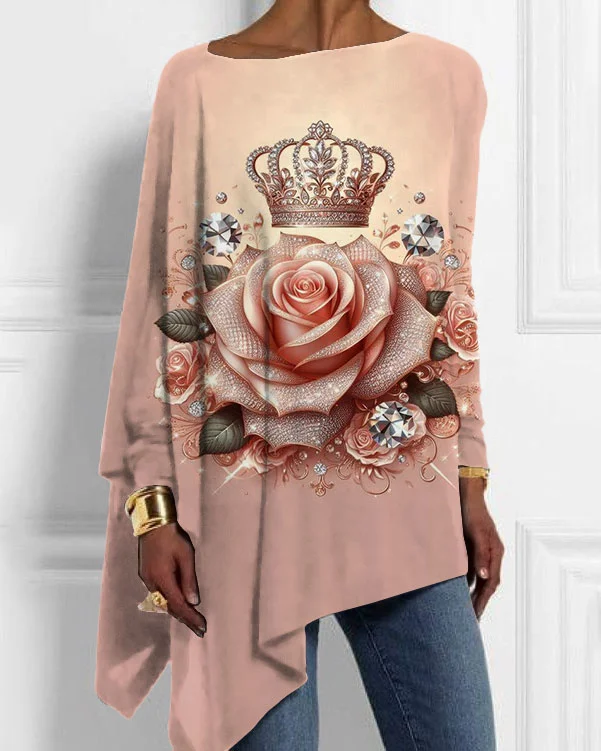 Women's 3D Pearl Rose Crown Print Irregular Top