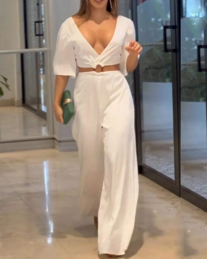 Deep V Open Waist Loose Jumpsuit