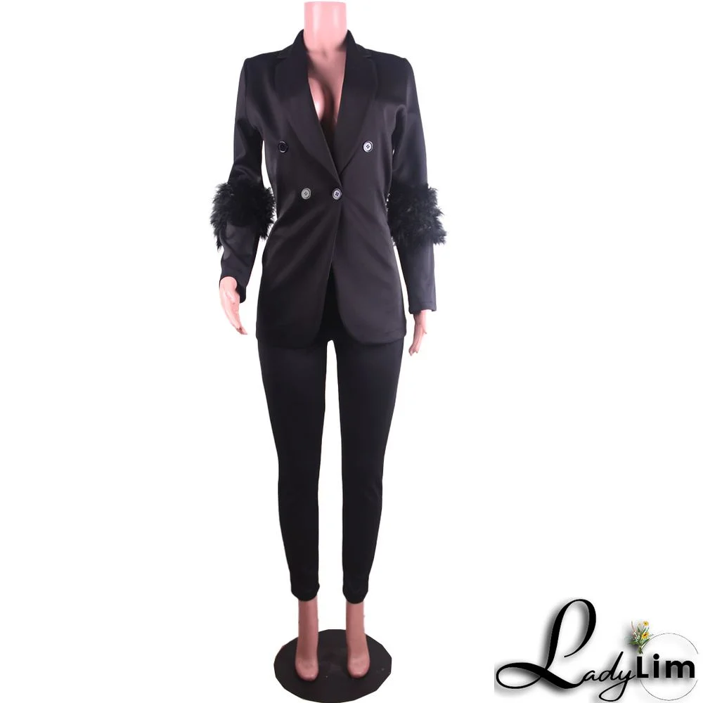 Fall Women Feather Blazer and Pant Two Piece