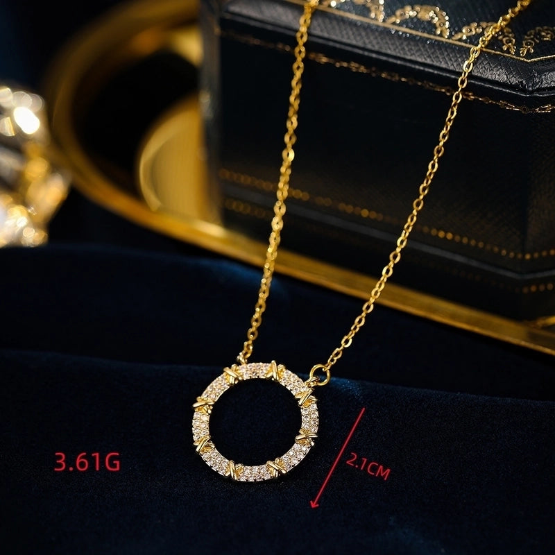 Shiny Solid Color 304 Stainless Steel Copper Inlay 18K Gold Plated Zircon Pendant Necklace