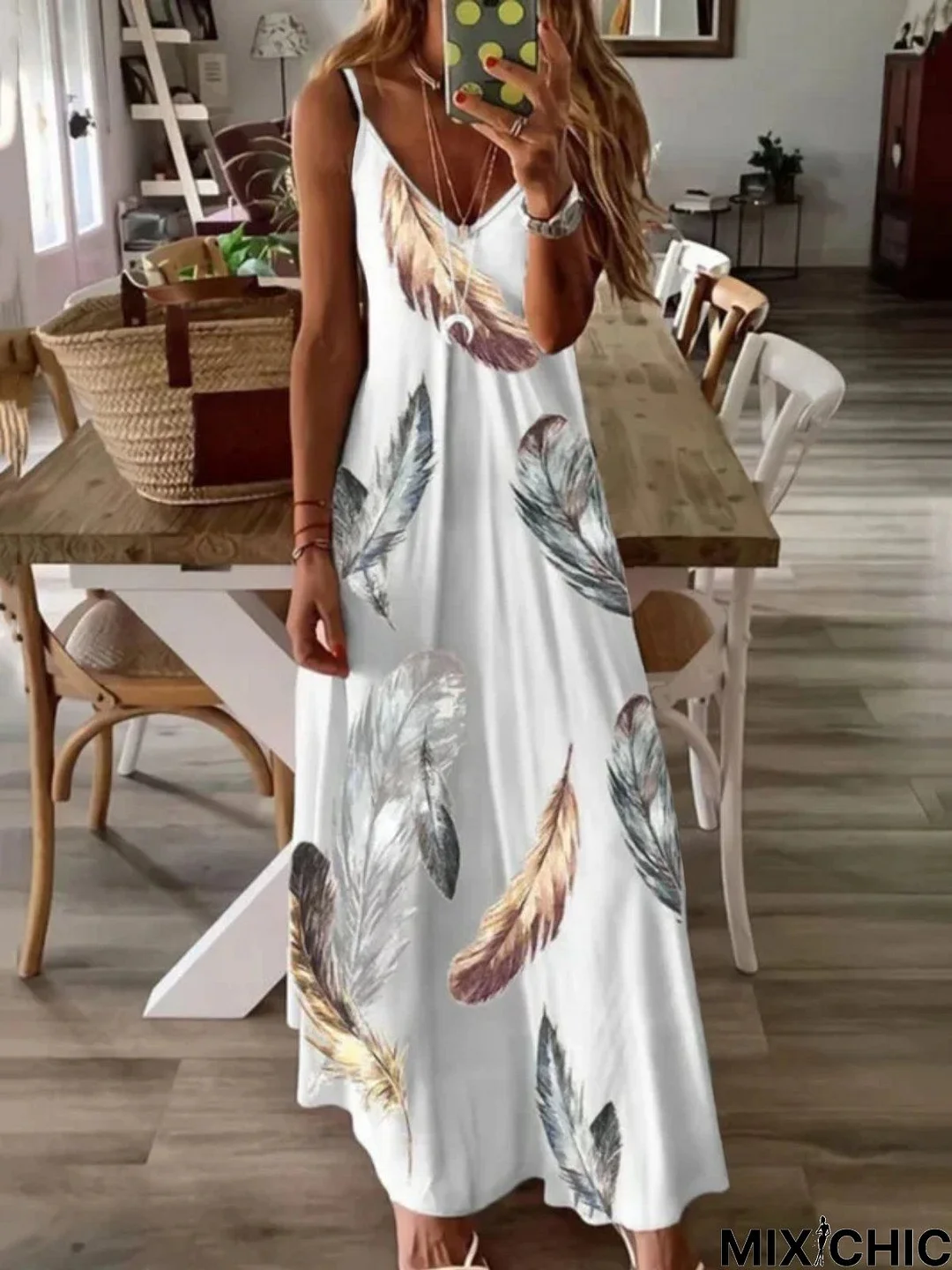 Casual Feather Sleeveless V Neck Plus Size Printed Dress