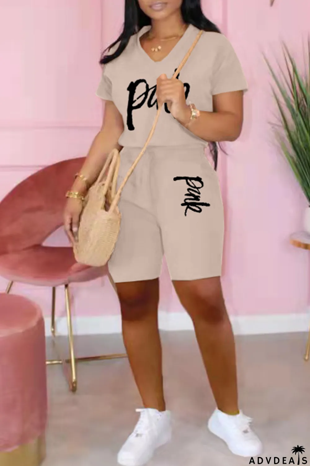 Apricot Fashion Casual Letter Print Basic V Neck Short Sleeve Two Pieces