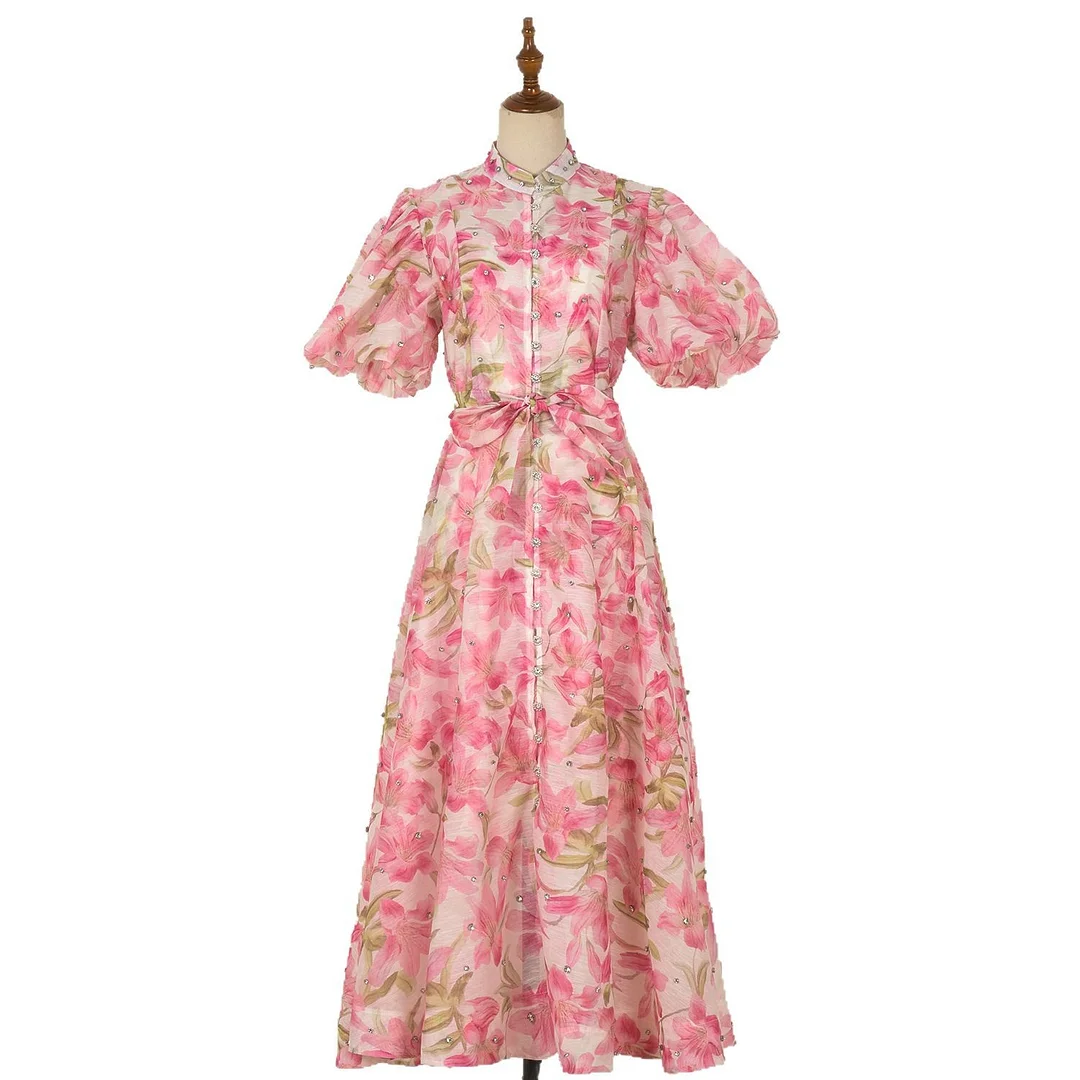 Nigikala Nigikala Court Style High Design Feeling Heavy Industry Nail Drill Short Sleeve Single Buckle Dress + Sling