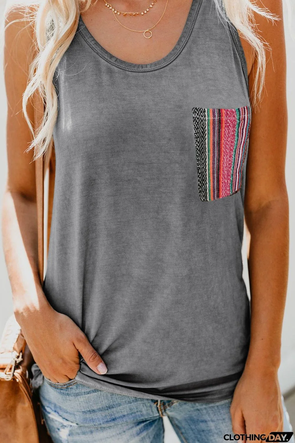 Casual Women Tank Top with Multicolor Pocket