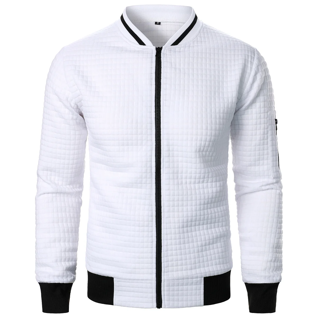 Men's Plaid Solid Color Cardigan Sweater Zipper Stand-up Collar Sweatshirt Baseball Jacket