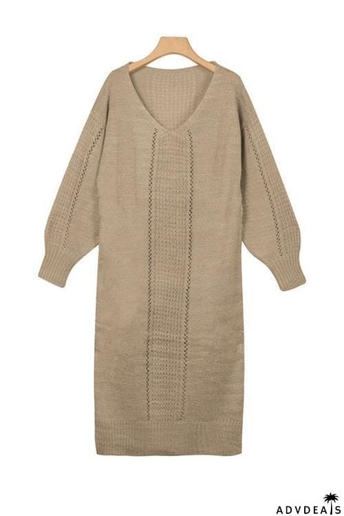 Hollow V Neck Long Sleeve Sweater Dress