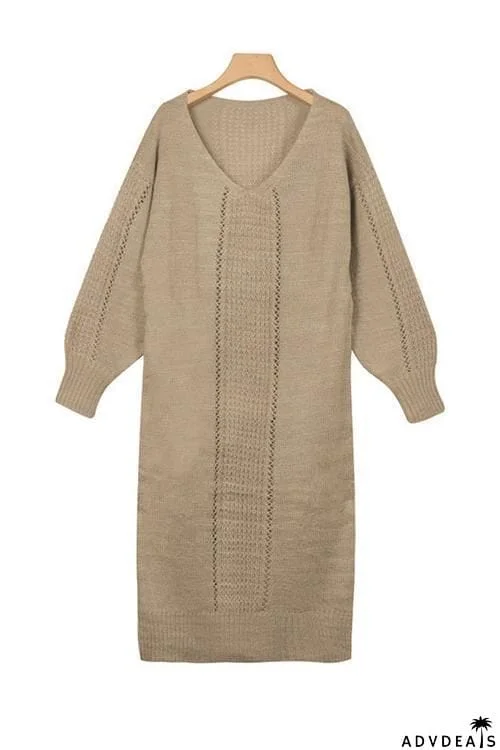 Hollow V Neck Long Sleeve Sweater Dress