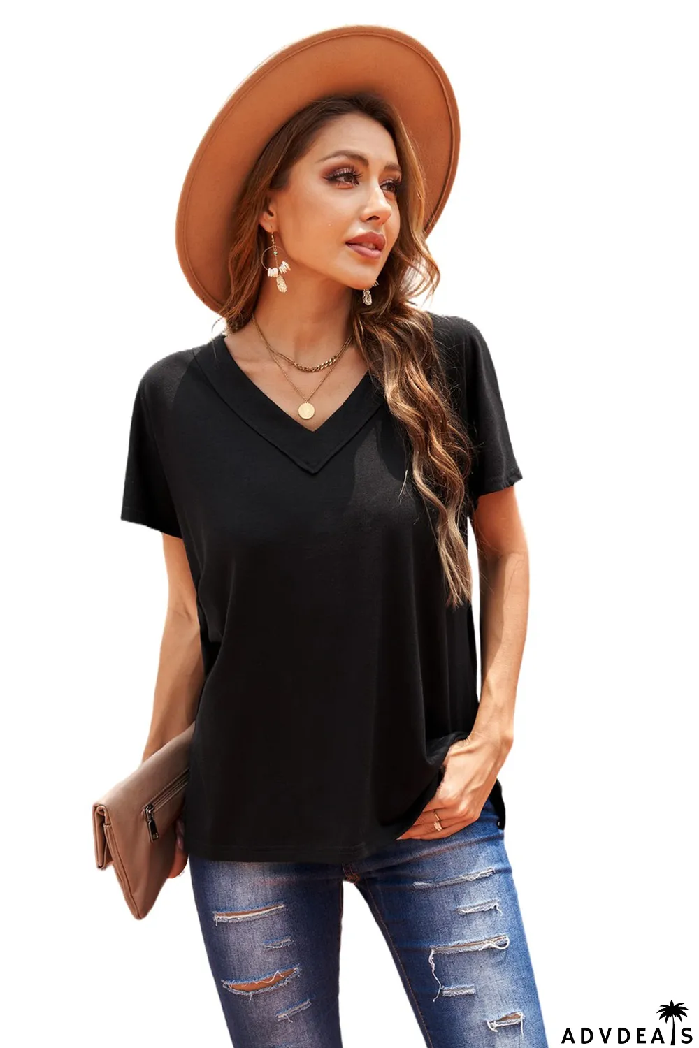 Black Oversized Mineral Wash Cotton Blend V Neck Short Sleeves Top