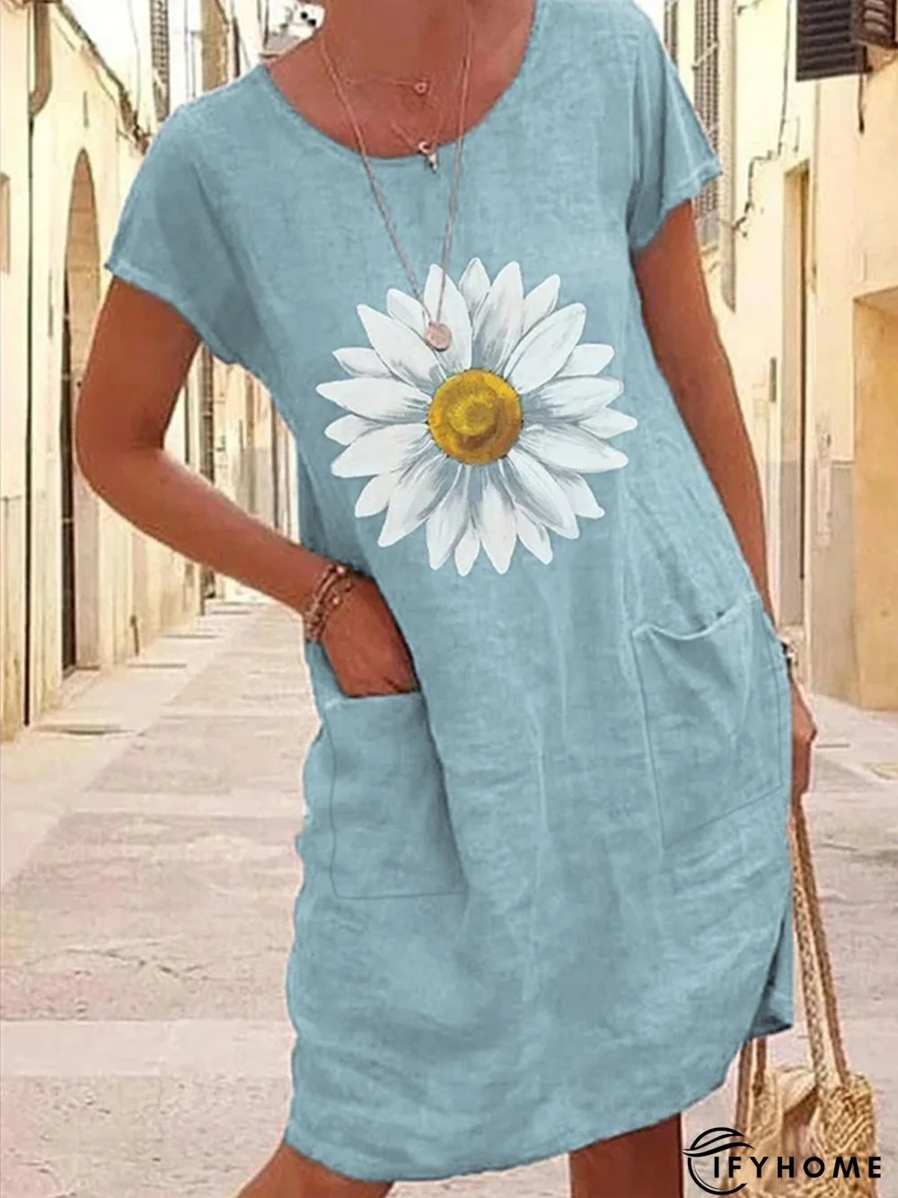 Off Shoulder Loosen Casual Sunflower Short Sleeve Knit Dress | IFYHOME