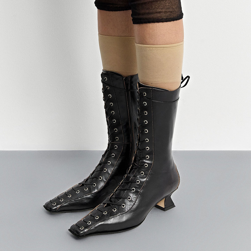 Vintage Black Square Toe Flared Heel Mid Calf Lace-Up Boots Nicepairs