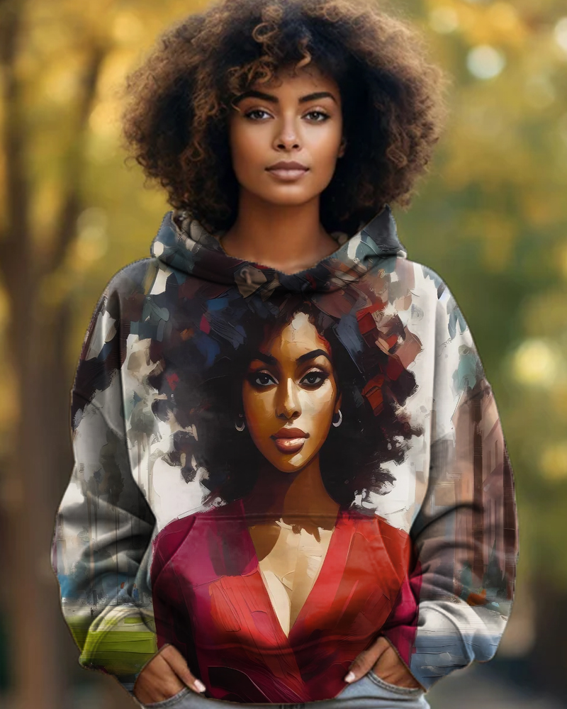 Afro Black Girl Personality Oil Painting Printed Hoodie