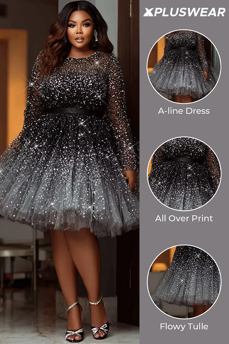 Xpluswear Design Plus Size Cocktail Party Multicolor Round Neck Long Sleeve See Through Elegant Tulle Mini Dresses [Pre-Order]