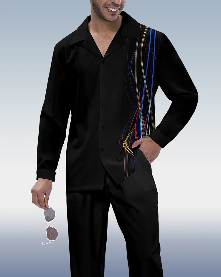 Suitmens Men's Black Printed Long Sleeve Shirt Walking Suit 324