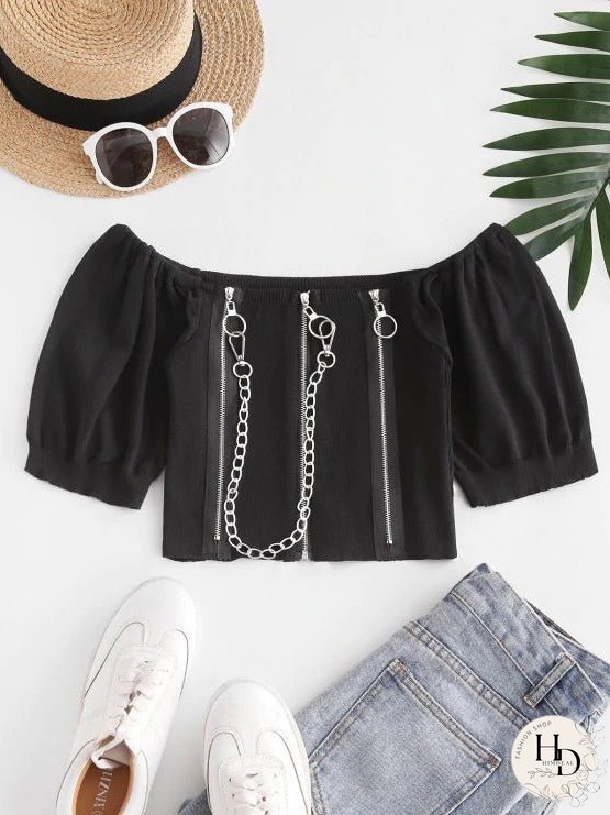 Chain Pull Ring Zippers Cropped Knitwear