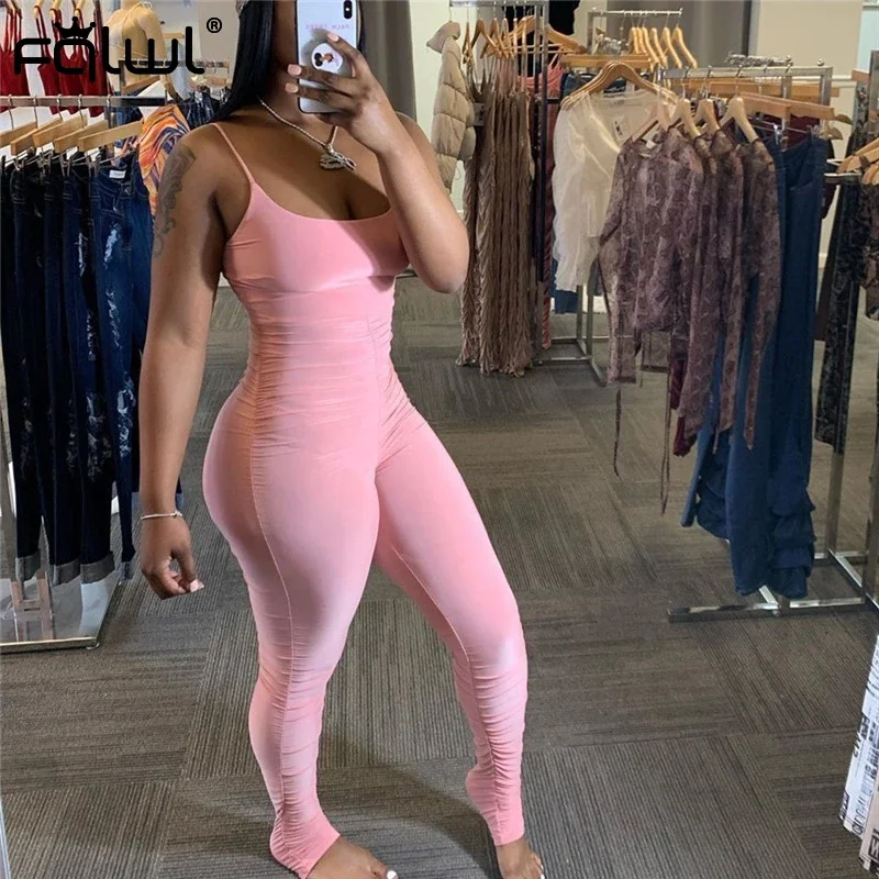 Toloer Strap Pink Black Pleated Summer Bodycon Jumpsuit Women Backless Sleeveless Fitness Sexy Romper Ladies Long Jumpsuit Female