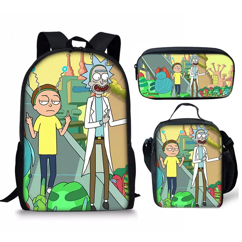 Buzzdaisy Rick and Morty Schoolbag Backpack Lunch Bag Pencil Case Set Gift for Kids Students