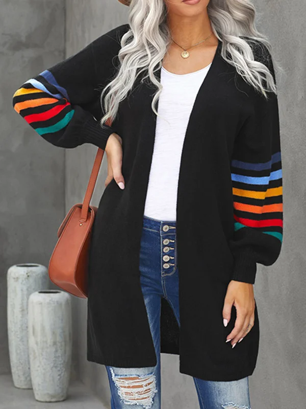 Colorful Contrast Color Striped Long Sleeves Loose Collarless Cardigan Tops