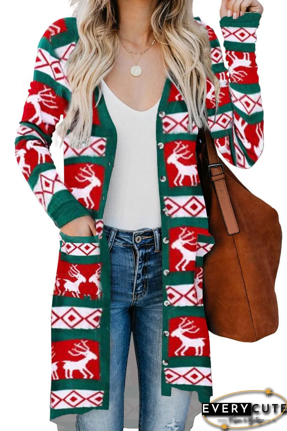 Green Christmas Element Print Long Cardigan