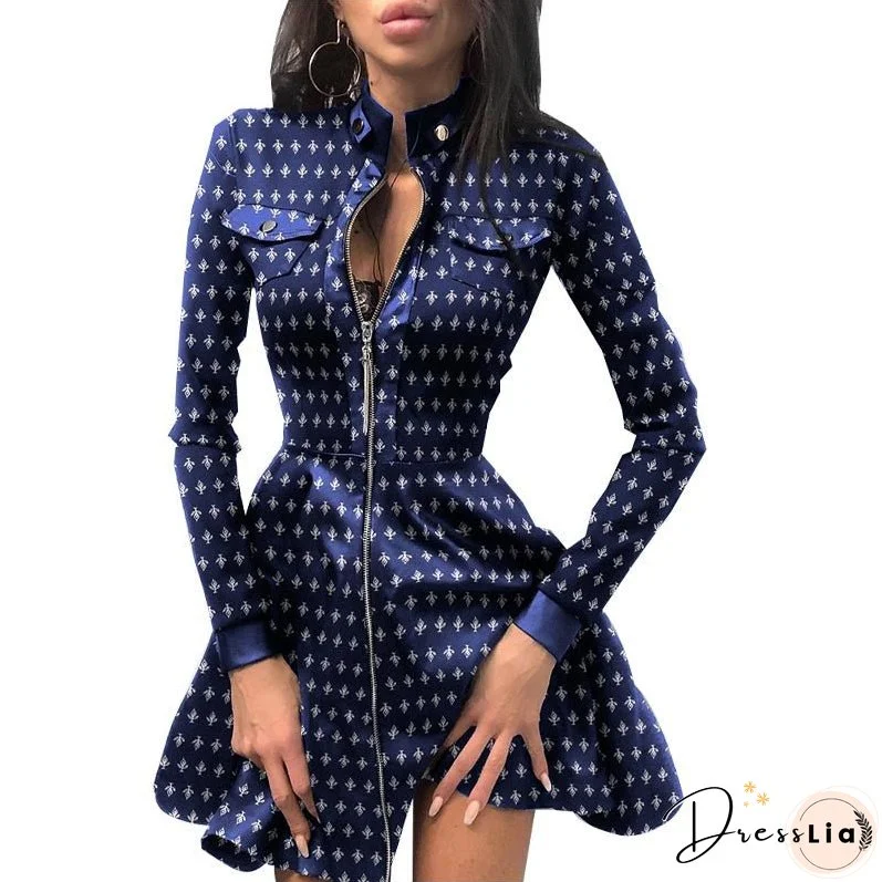 Women's Long Sleeve V-neck Zipper Pocket Dress Dresses