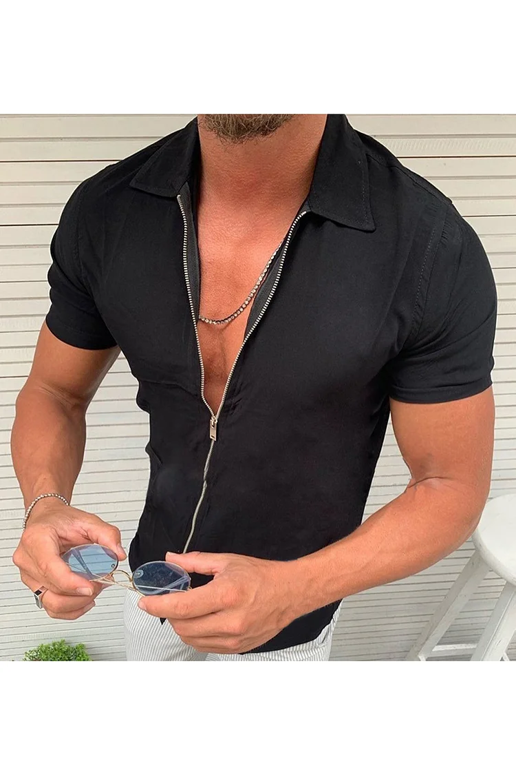 Men's Turndown Collar Zipper Short Sleeve Slim Casual Shirt