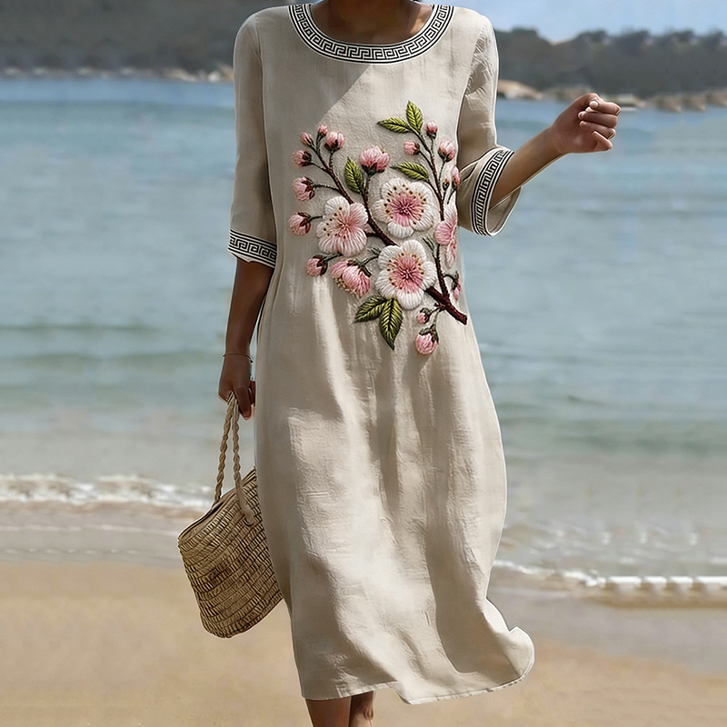 Women's Japanese Plum Blossom Art Linen-blend Maxi Dress elevenforest