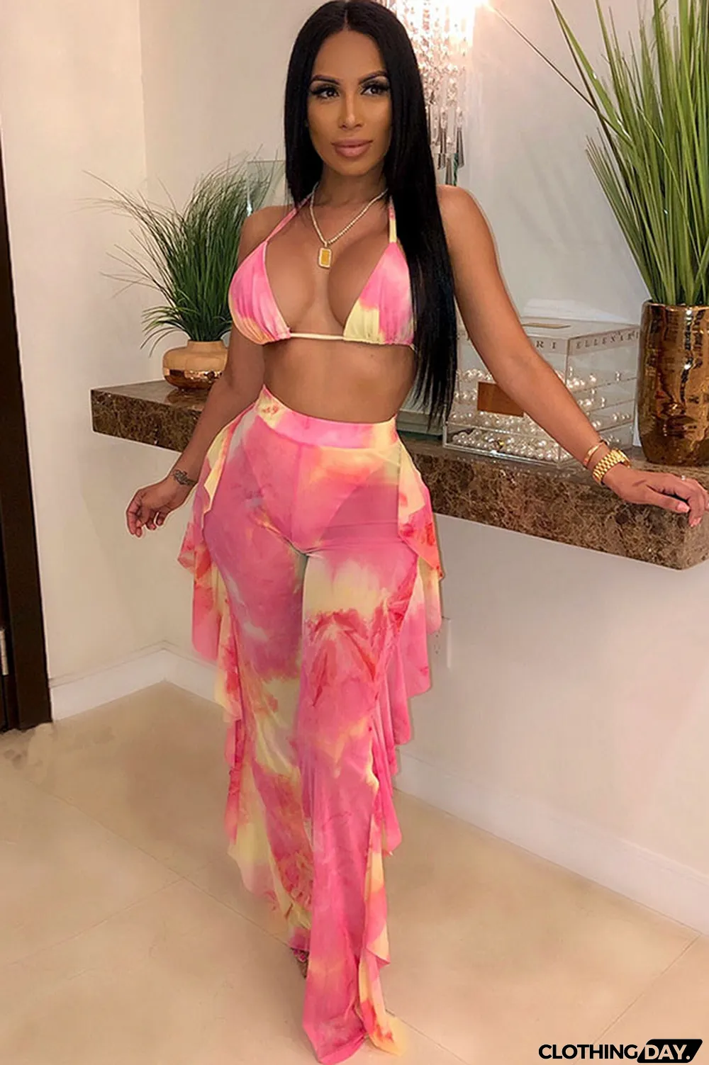 Yellow Polyester Sexy Fashion Stringy selvedge Print Tie Dye Patchwork Loose Sleeveless