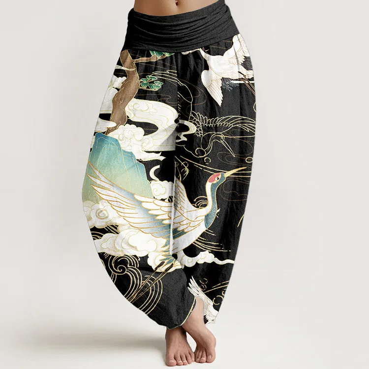 Pure Cotton Flying Cranes Auspicious Clouds Tree&nbsp;women's Elastic Waist Harem Pants