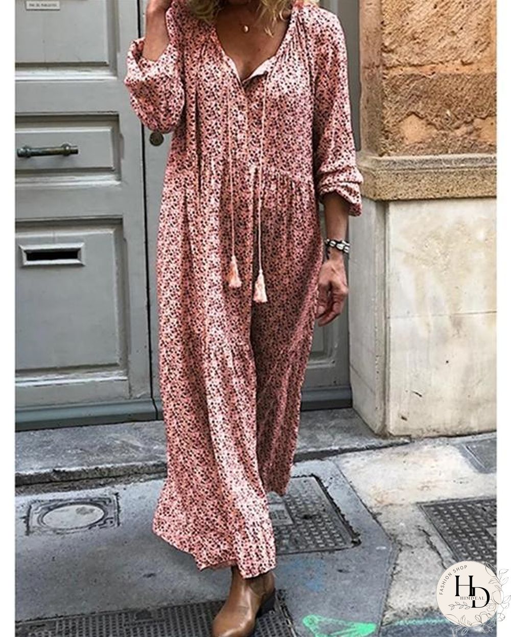 Women Shift Boho Floral Maxi Dresses Long Sleeve V Neck Dresses