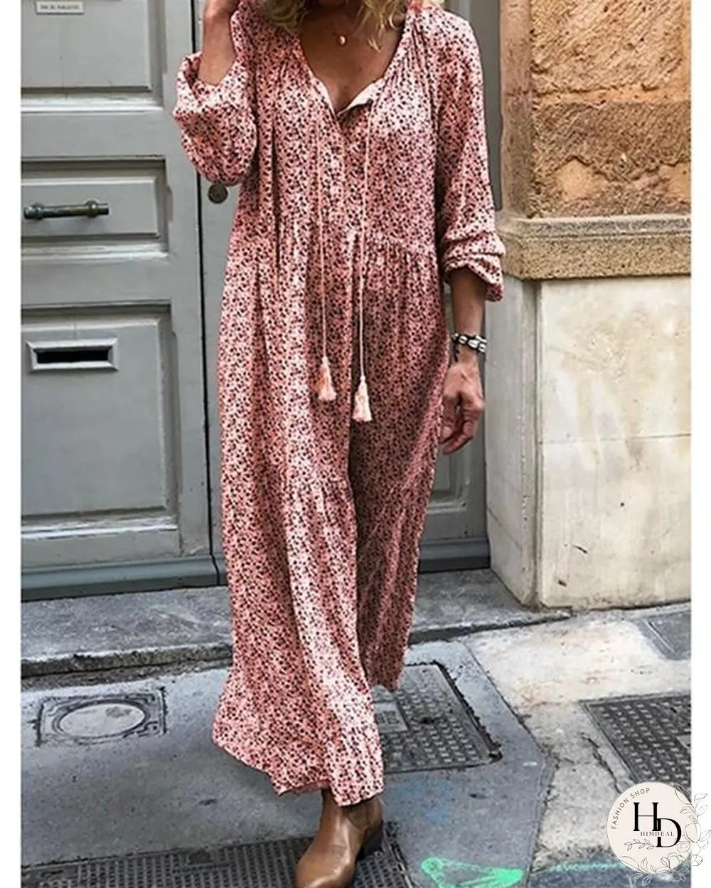 Women Shift Boho Floral Maxi Dresses Long Sleeve V Neck Dresses
