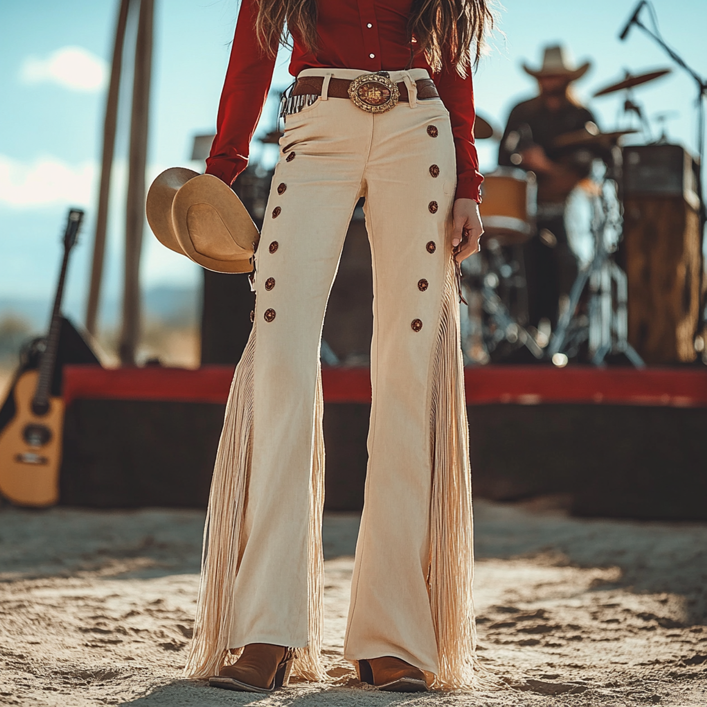 Women's Vintage Western Style Flared Jeans With Fringe Details