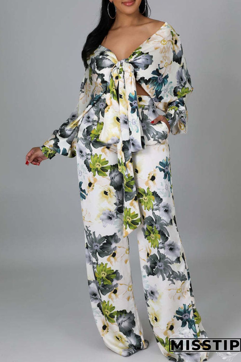 Multicolor Casual Print Bandage Patchwork V Neck Long Sleeve Two Pieces