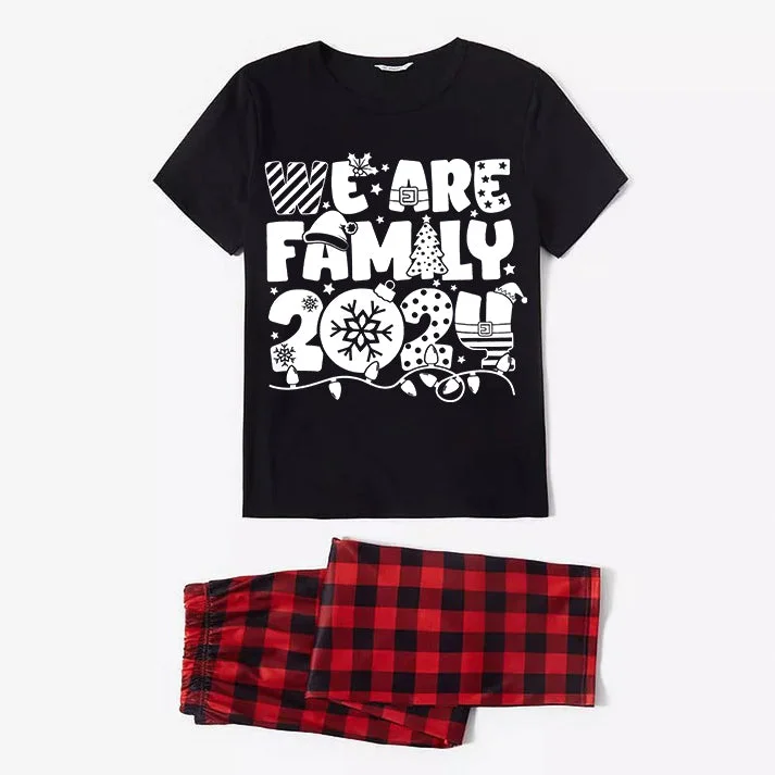 "We are Family 2024" White Letter Print Black Short Sleeve with Red & Black Plaid Pant Family Matching Pajamas