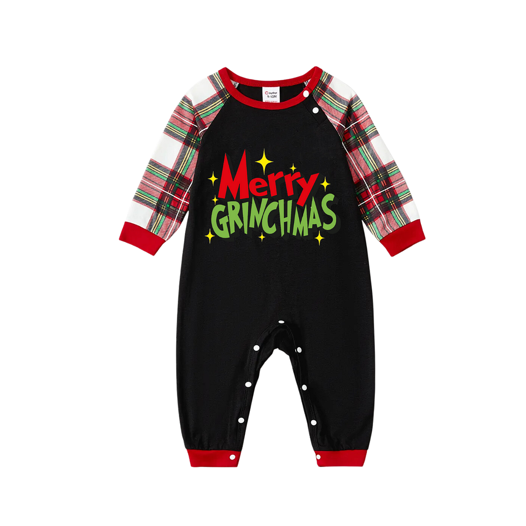 Christmas Merry Grinchmas Letter Printed White Long Sleeve Top with Red & White &Green Plaid Pants Family Matching Pajamas