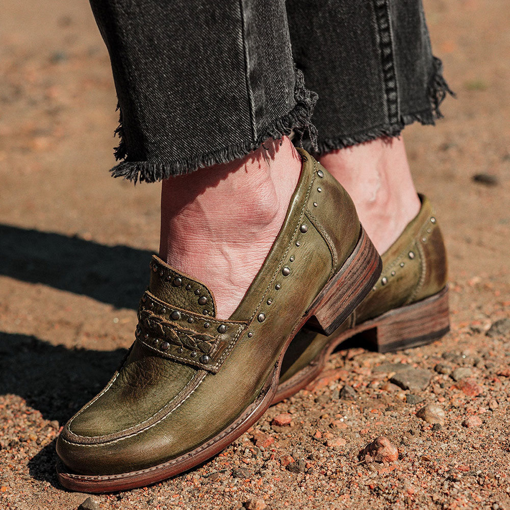 Distressed Olive Green Round Toe Block Heel Studded Women's Loafers Nicepairs