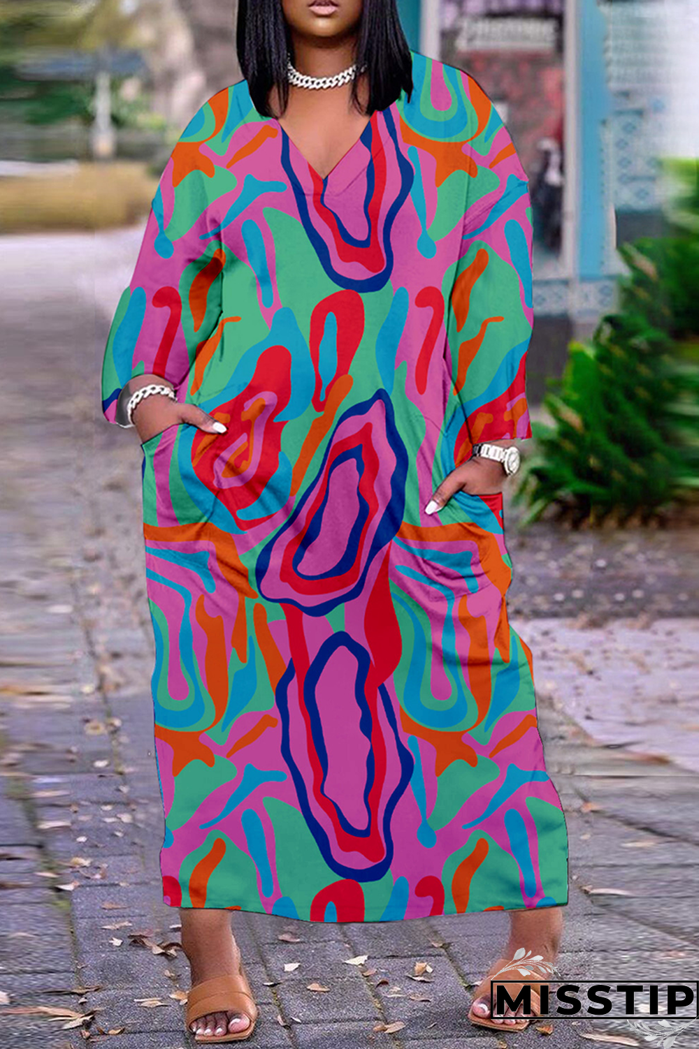 Blue Casual Print Patchwork V Neck Straight Dresses