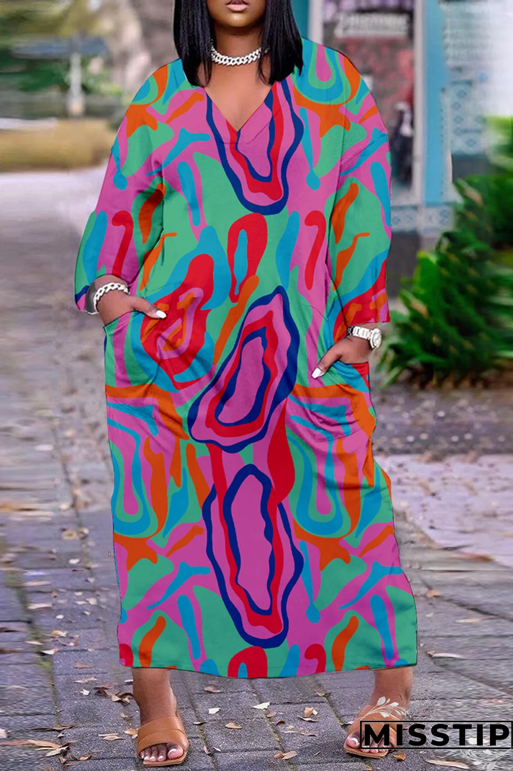 Blue Casual Print Patchwork V Neck Straight Dresses