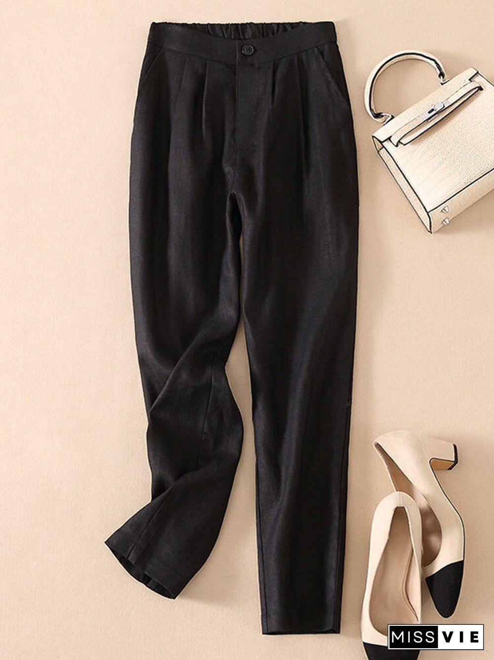 Solid Pocket Elastic Waist Casual Pants For Women