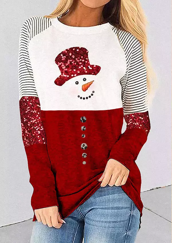 Snowman Sequined Striped T-Shirt Tee