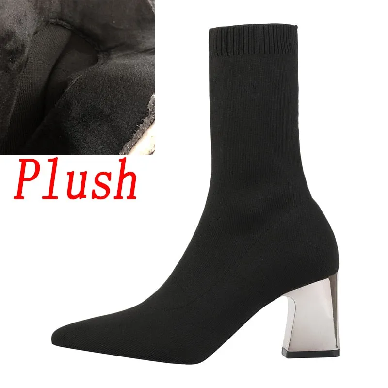 2022 Women Stretch Knitted Sock Boots 7cm 9cm High Heels White Ankle Boots Stripper Low Block Heel Lady Warm Winter Chunky Shoes