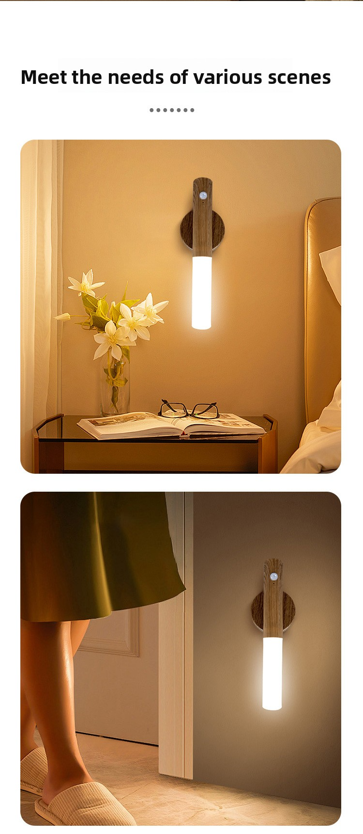 Tegooe Modern Wooden Motion Sensor Wall Sconce LED Night Light - USB Rechargeable Wireless Smart Induction Lamp for Bedside