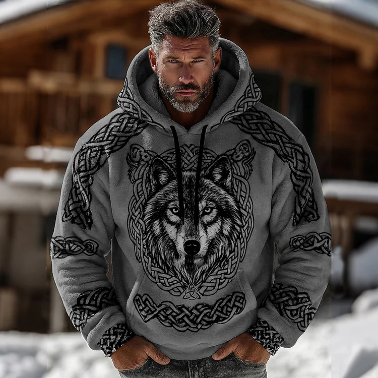 Men's Vintage Viking Wolf Celtic Knot Print Flannel Hoodie
