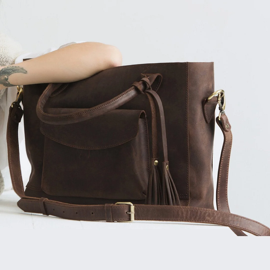 Women's Retro Handbag Oil Wax Leather Large-Capacity Luggage Bag Multifunctional Bag